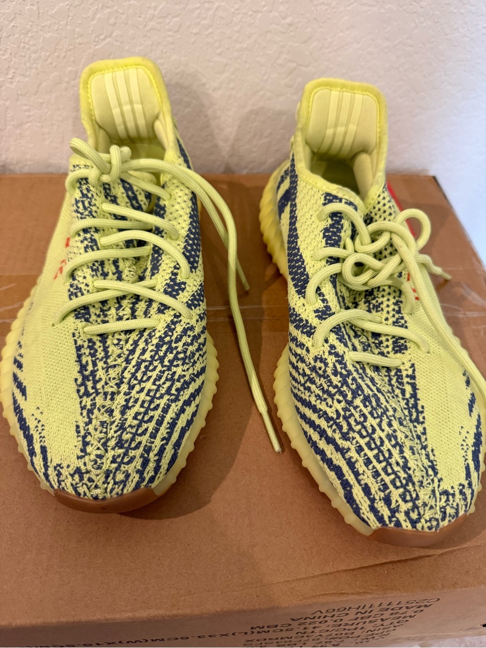 Yeezy Adidas Neon Yellow and Navy Knit Athletic Sneakers
